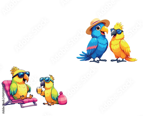 Vsai cartoon parrots enjoying summer vacation wearing sunglasses and hats