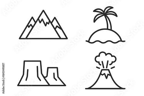 Natural formations outline icons set. Linear geographic symbols of mountain peak, tropical island, grand canyon, and erupting volcano. Vector illustration for travel design.