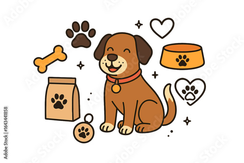 Happy dog cartoon character with pet care icons. Vector illustration set with food bowl, bone, and paw prints. For vet clinics, pet shops, and animal lovers.