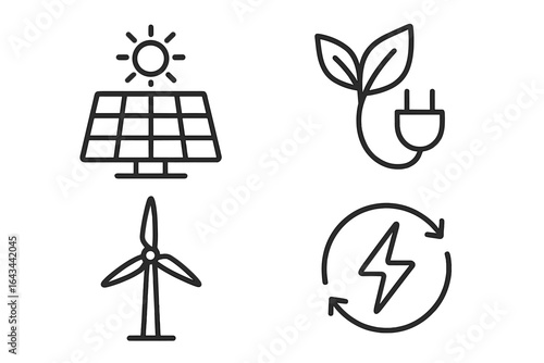 Renewable energy icons set of 4. Sustainable power symbols. Solar panel, sun, wind turbine, bioenergy leaf plug, charge cycle. Eco, green vector line illustration.