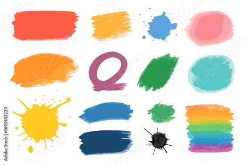 Colorful paint brush strokes, splatters, smudges and textures. Abstract artistic design elements set. Vector collection of acrylic and watercolor grunge shapes for backgrounds.