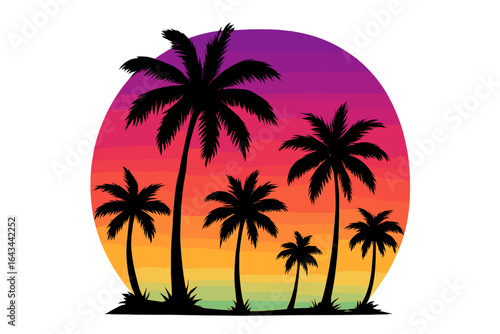 Palm tree silhouette on tropical island with vibrant retro sunset. Vector graphic for summer vacation, travel, and beach themes. Exotic paradise logo design element.