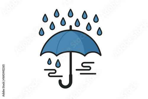 Umbrella icon with rain drops and wind. Weather symbol for storm, monsoon, and rainy season. Protection and safety concept. Blue parasol vector illustration for graphic design.