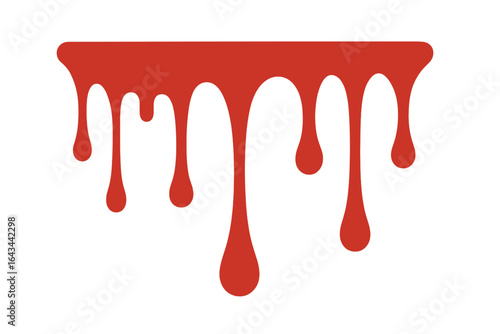 Red liquid drip seamless pattern. Dripping blood, paint, or slime for Halloween decor. Horror splash border. Abstract graphic design element. Melt effect vector illustration.