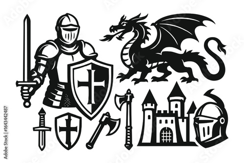 Medieval knight and fantasy dragon vector icon set. Collection of black silhouettes for gaming or historical themes. Includes castle, armor, sword, shield, and axe illustrations.
