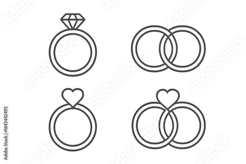 Wedding rings outline icon set. Engagement and marriage linear symbols collection. Diamond ring, heart, two bands. Love, proposal, relationship vector icons for celebration.