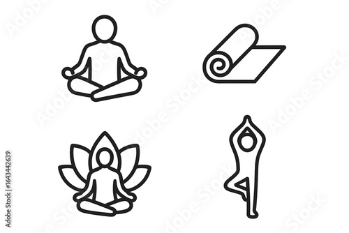 Yoga and wellness line icon set. Concepts of meditation, fitness, spiritual health, and harmony. Vector symbols for zen, balance, and a healthy lifestyle. Lotus, tree pose.