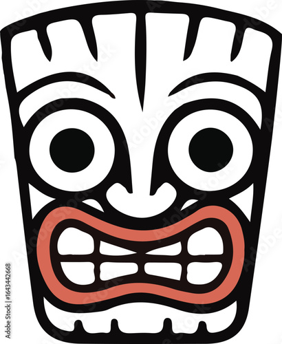 Stylized Tiki Mask with Wide Grinning Mouth and Black Outline polynesian hawaiian