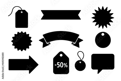 Sale tags and labels icon set. Big set of black stickers, ribbons, and banners for promotion and discount. Vector price tag, badge, and offer graphic elements collection.