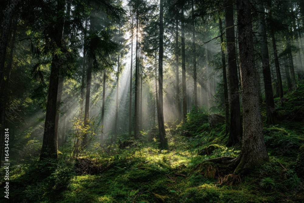 Obraz premium Enchanted Forest with Sunlight Beaming Through Tall Trees and Lush Greenery in a Serene Natural Landscape