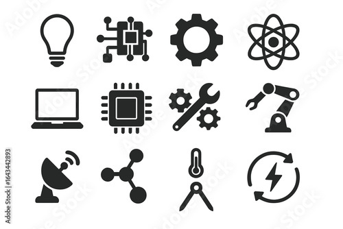Technology and Science Engineering Essentials Vector Icons Set, Black Silhouette Symbols of Innovation, Industry, Hardware, Science, Robotics, and Electronics on Transparent Background