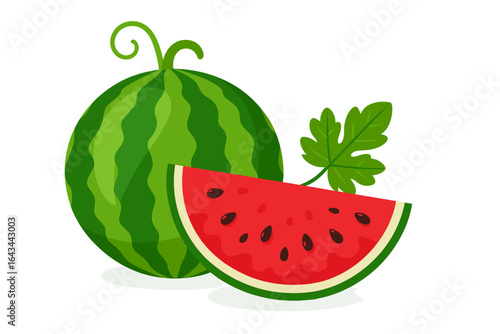 Watermelon vector illustration with a whole fruit and a juicy slice. Perfect summer food concept for healthy eating, diet, and picnic graphics. Fresh, ripe melon with seeds and leaf.