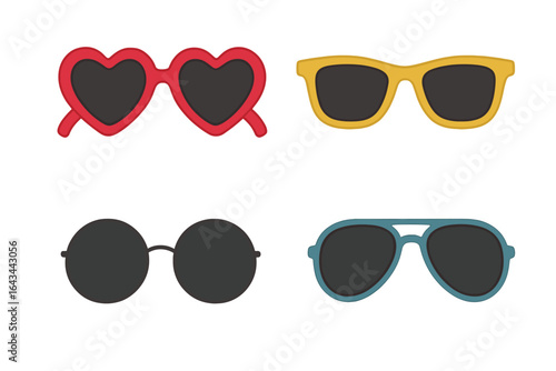 Sunglasses set vector illustration. Collection of fashion eyeglasses for summer. Retro and modern styles like heart shaped, aviator and round glasses for design projects.