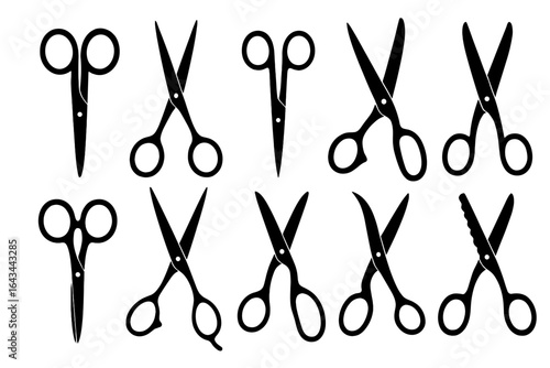 Scissors vector silhouette collection. A diverse set of scissor icons for cutting. For crafting, sewing, tailor, barber, school, and office. Isolated graphic elements.