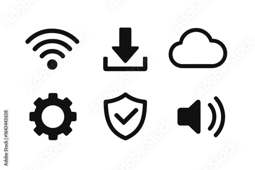 Technology icon vector set for UI and web design. Flat simple pictograms featuring WiFi signal, download arrow, cloud storage, gear settings, security shield, and volume.