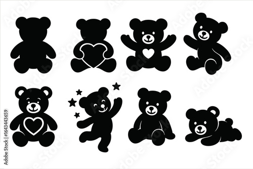 Teddy bear silhouette vector icon set. Cute black toy bear collection in different poses with hearts and stars. Baby shower, love and child concept graphic design element.