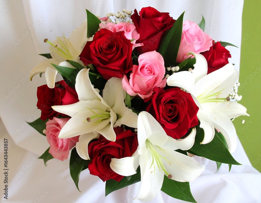 Fototapeta premium Vibrant bouquet of red and pink roses and white lilies