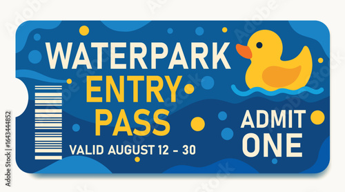 Bright horizontal ticket to the water park. Entrance to the water park with one ticket. Summer holidays, slides, pools and family entertainment