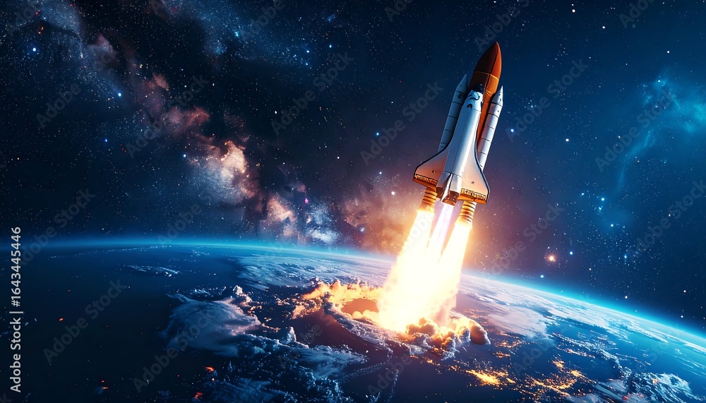 Obraz premium Space shuttle launching into space, fiery exhaust plumes visible against Earth's curve and starry backdrop