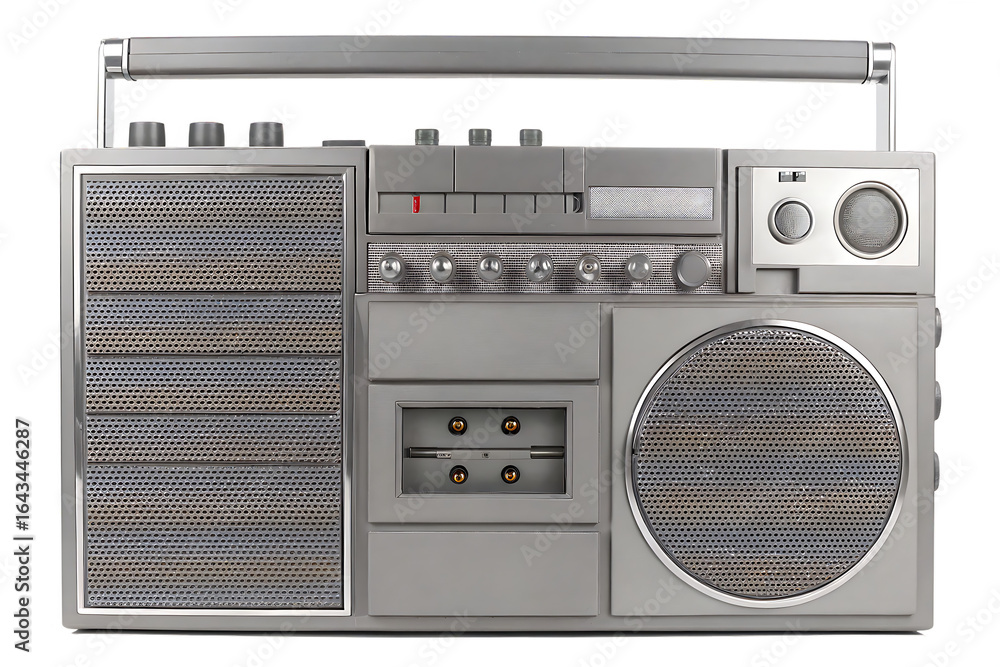 Obraz premium Vintage boombox with silver handle and speakers isolated on a transparent background