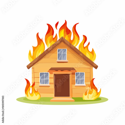 Wooden house on fire with orange and yellow flames, building burning down, emergency