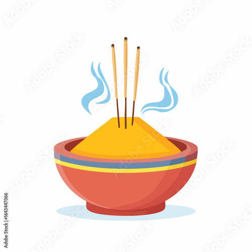 Three burning incense sticks releasing blue smoke from a colorful bowl filled with yellow sand