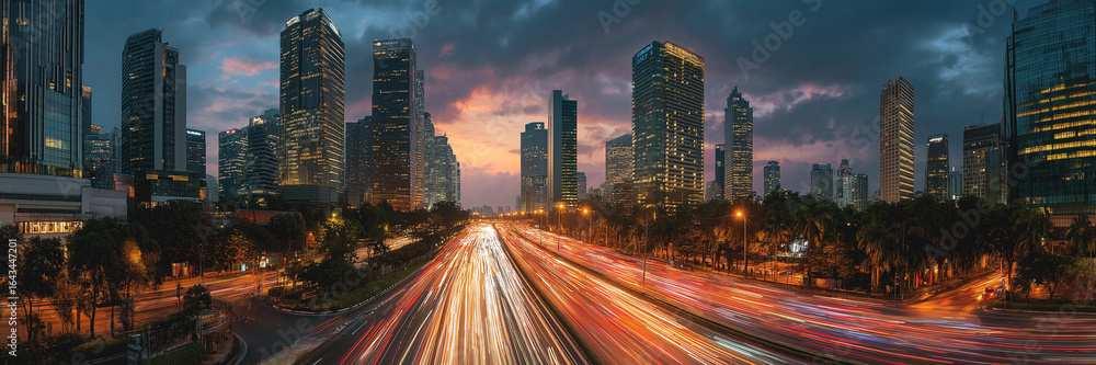 Fototapeta premium Drone capture stun city shot aerial view of tower skyscraper light night time panorama.