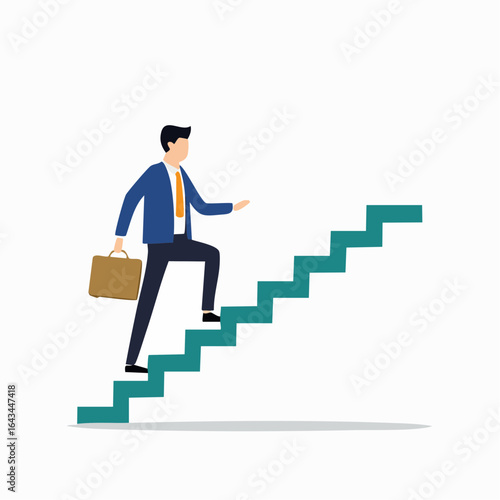 Businessman climbing green stairs with briefcase representing career growth and success
