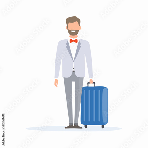 Man Wearing Suit with Bow Tie Carrying Rolling Luggage for Travel or Commute