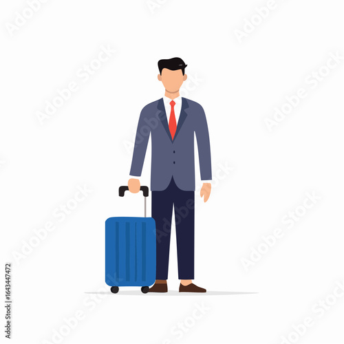 Business traveler in a suit holding a blue rolling suitcase ready for vacation or work trip