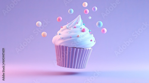 A light purple cupcake with white frosting and sprinkles.