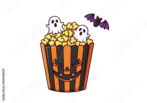 A spooky Halloween popcorn bucket with cute ghosts and a flying bat. A fun cartoon vector illustration for scary movie night holiday snacks.