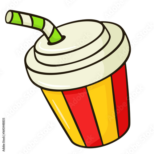 Fast Food Soda Cup with Green Striped Straw. Cartoon Style illustration
