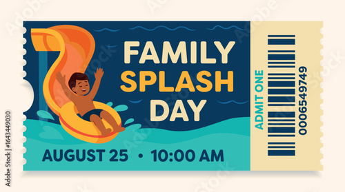 Waterpark Ticket. Admit one ticket with barcode to the waterpark with a boy riding a colorful slide. Fun summer entertainment for kids and families