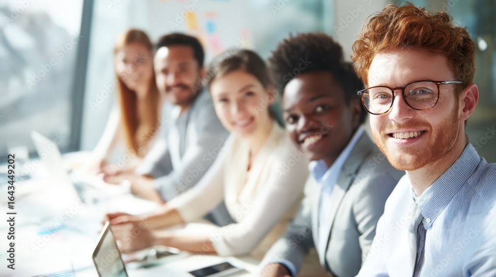 Obraz premium Cheerful young businessman with red hair and glasses leading team discussion in contemporary office with diverse colleagues collaborating