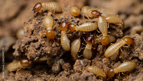 Close up macro view of a colony of termites on soil