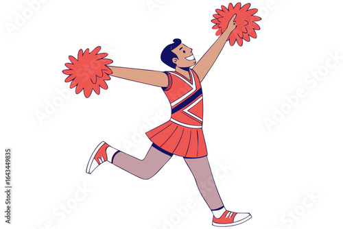 Energetic male cheerleader celebrating team spirit with red pom-poms, promoting inclusivity and gender diversity in athletics.