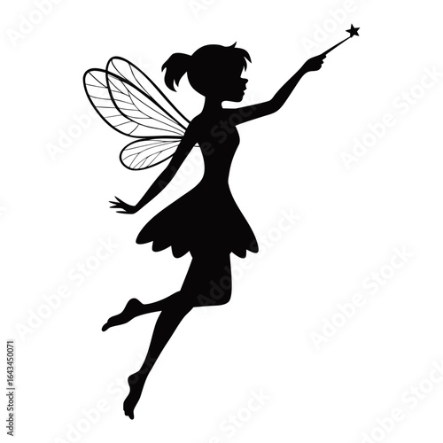 Dynamic Silhouette of Flying Fairy with Star Wand in Elegant Dress and Wide Wings Minimalist Black and White Magical Art
