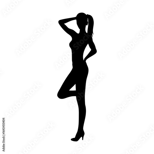 Elegant Silhouette of Woman in High Heels Striking Graceful Pose with Ponytail Minimalist Black and White Fashion Art