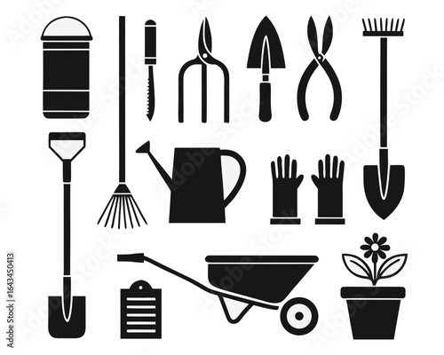 Collection of black silhouette garden tools and supplies