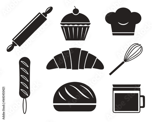 Collection of baking icons including a rolling pin cupcake chef hat bread croissant whisk and mug