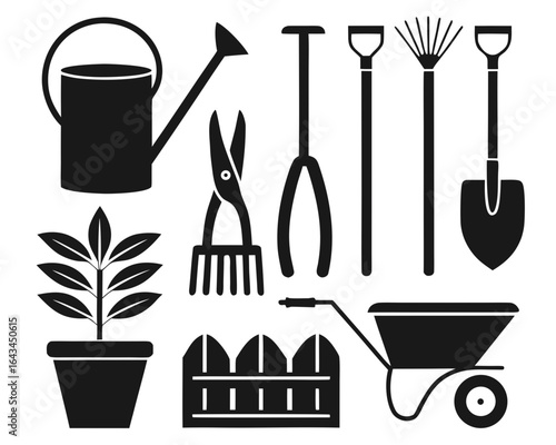 Collection of black silhouette garden tools and plants