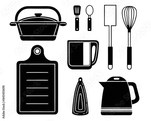 Minimalist sketch of kitchen utensils and appliances on black background