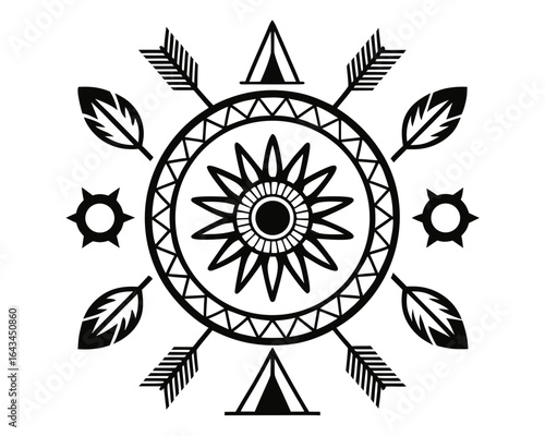 Tribal sun symbol with arrows feathers and teepee elements