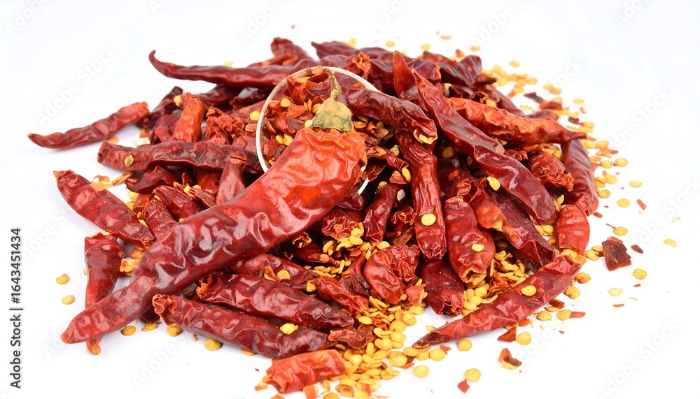 Dried red chili peppers, pile on white background Dried red chili peppers, pile on white background