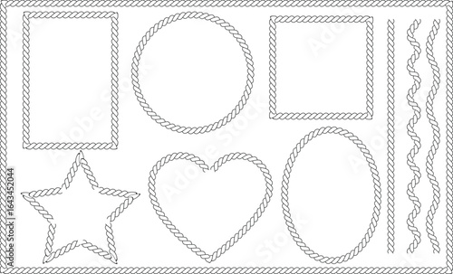  Set of rope art illustrations, hand drawn shape art with rope pattern, basic shape design isolated on white background