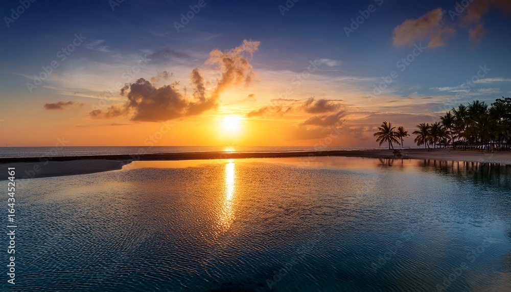 Fototapeta premium as sun gracefully ascends casting its golden glow upon tranquil oasis horizon becomes a canvas of vibrant hues dancing reflections on glistening water evoking a sense of rejuvenation and endless p