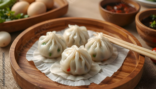 Dumpling with sauce and eggs