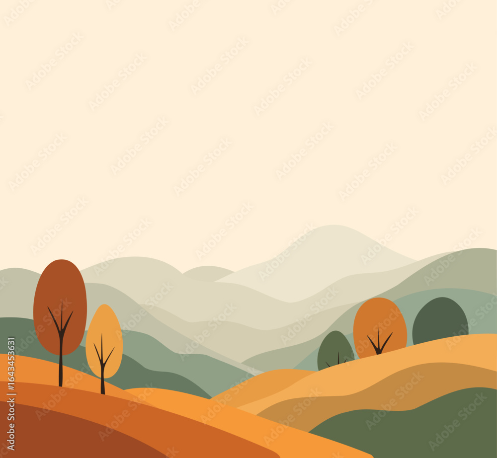Fototapeta premium Autumn landscape. Vector design of autumn, orange, yellow trees, mountains. Large space for text makes the design ideal for banners, flyers, greetings, advertising and seasonal promotions