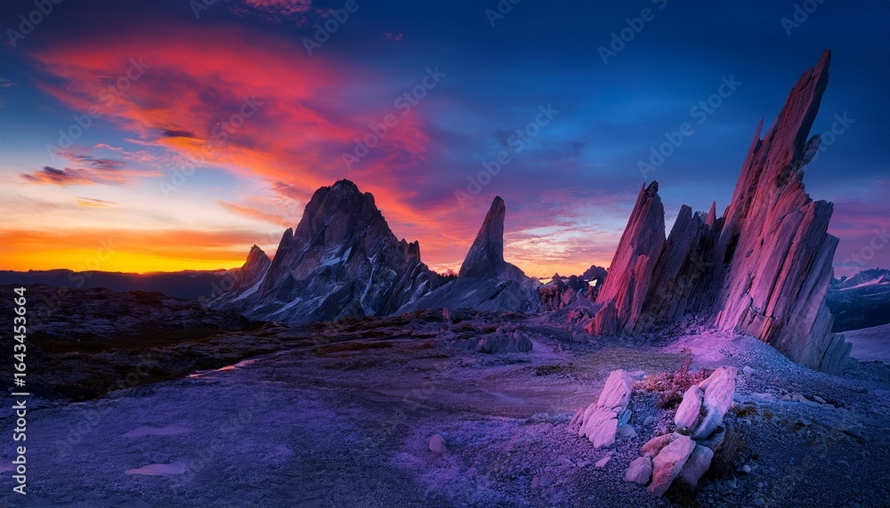 Naklejka premium an expansive landscape features towering rock structures and multicolored crystals under a twilight sky